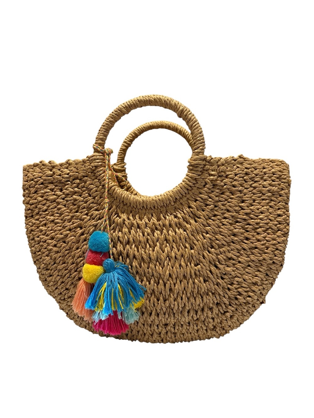 Woven Straw Tote Bag with Colorful Tassel - Natural - Picture 3 of 10